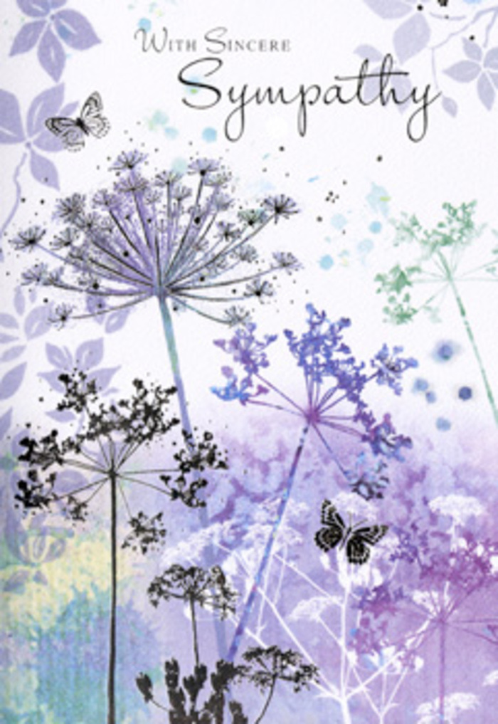 The artwork inside this sympathy card captures the quiet, reflective mood of an early morning in Old Malden, when the streets are still and gardens glisten softly in the first light. Slender wildflower stems stretch upward in elegant arcs, crowned with filigree umbels that recall cow parsley or Queen Anne's lace, each head rendered in cool shades of lavender, dusty violet, and faint silvery green. The flowers are drawn with a light, almost trembling touch, so that the tops seem to dissolve into the surrounding air, giving a sense of breath and movement rather than fixed stillness. Behind them, a muted field of watercolour washes fades from pale lilac to soft blue-grey, reminiscent of distant trees veiled by morning mist along the Hogsmill. Gentle smudges of green at the base suggest low foliage without ever becoming heavy, keeping the composition airy and open. Two or three butterflies drift among the stems, their wings ghosted in faint lines and frosted hues, suggesting fragile hope and the promise that love outlasts physical presence. The light within the image feels diffuse, with no single source, wrapping every element in a kind of soft focus that invites contemplation. It mirrors the quiet respect we bring to arranging sympathy flowers for local services, where subtle shades and graceful lines speak more eloquently than bold colours ever could. This card offers visual comfort, like a calm corner of a favourite Old Malden garden, gently encouraging the viewer to pause, breathe, and remember with tenderness.
